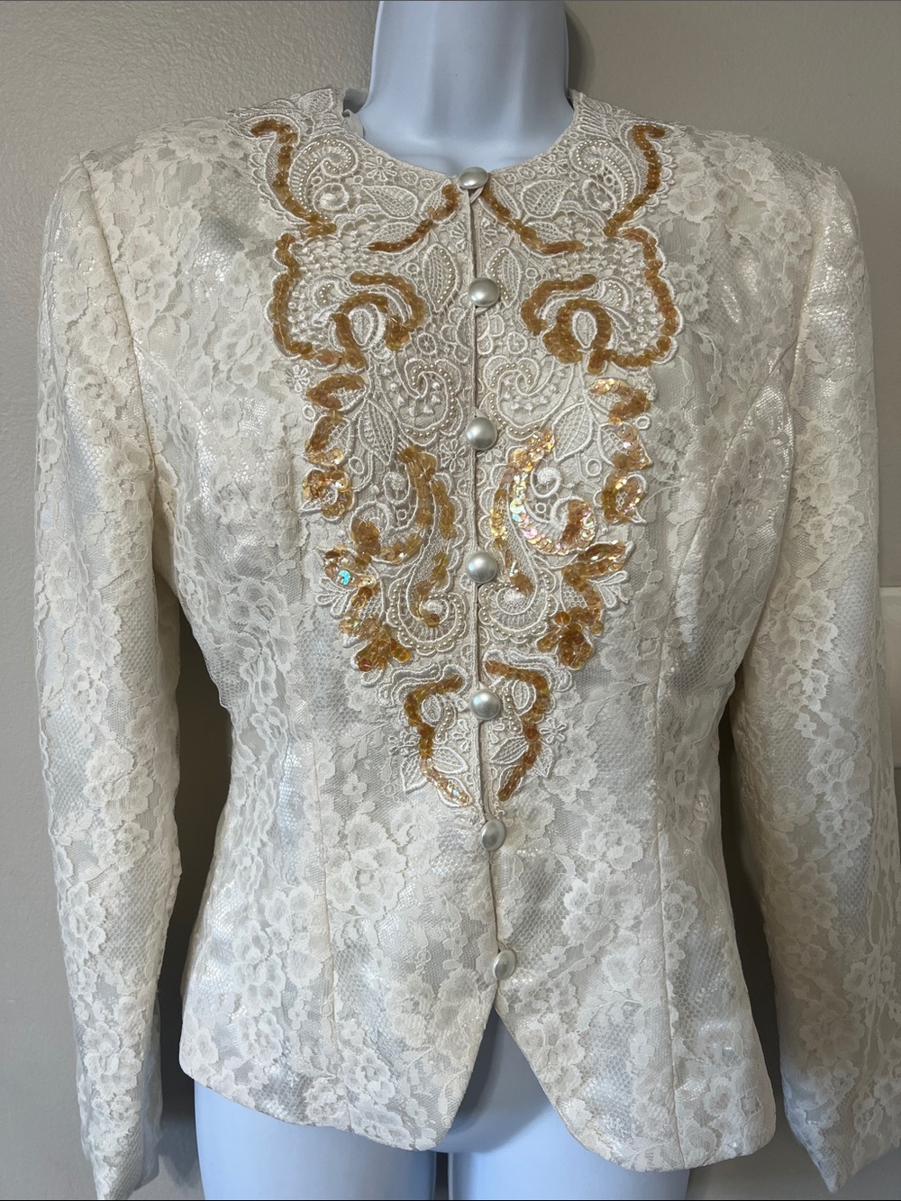 Jessica McClintock Vintage 90s Bridal Lace Beaded Jacket Size 6 Sequins & Pearls